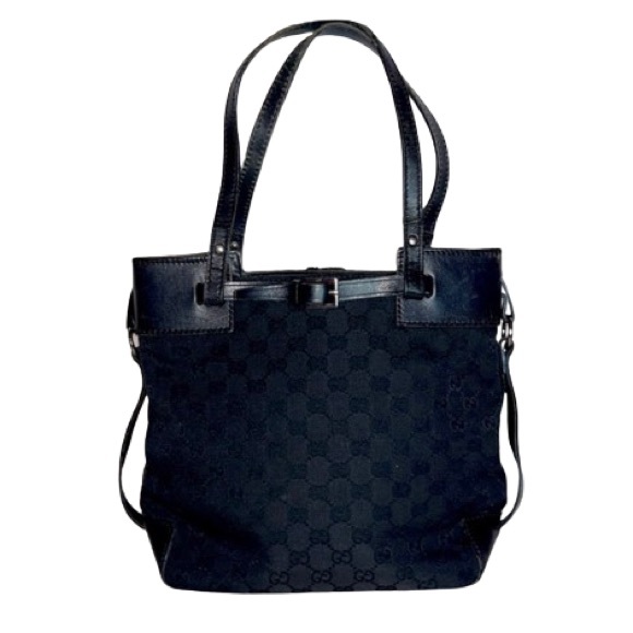 Gucci Handbags - Authentic Gucci Black Leather and Canvas Monogram Buckle Tote